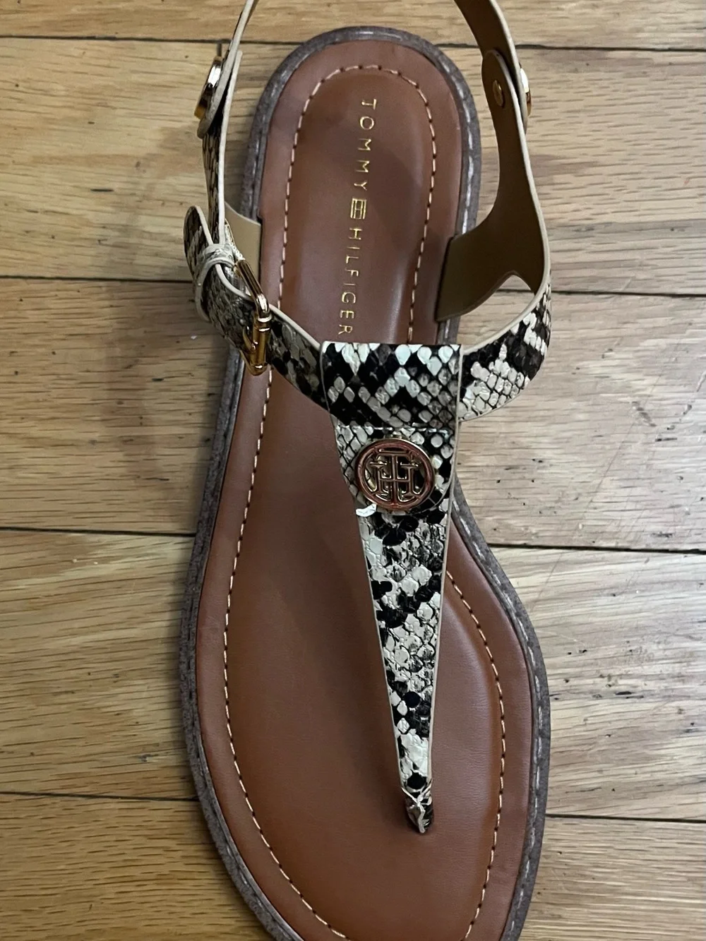 Tommy Hilfiger Snake-Print T-Strap Sandal in Black & Cream